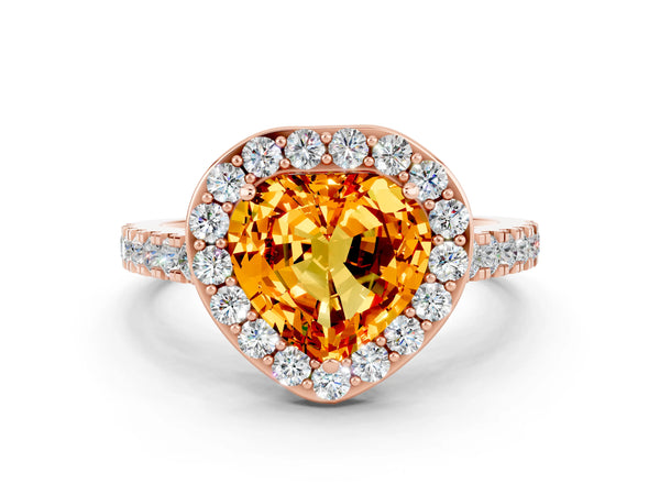 Rose gold Heart Cut Citrine Halo Ring with Round Pavé Split Shank and Prong Setting