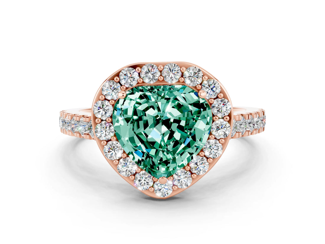 Rose gold Heart Cut Halo Diamond Ring with Pavé Band and Three-Prong Setting