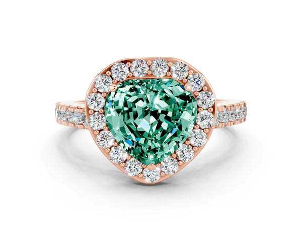 Rose gold Heart Cut Green Sapphire Halo Ring with Round Pavé Split Shank and Prong Setting