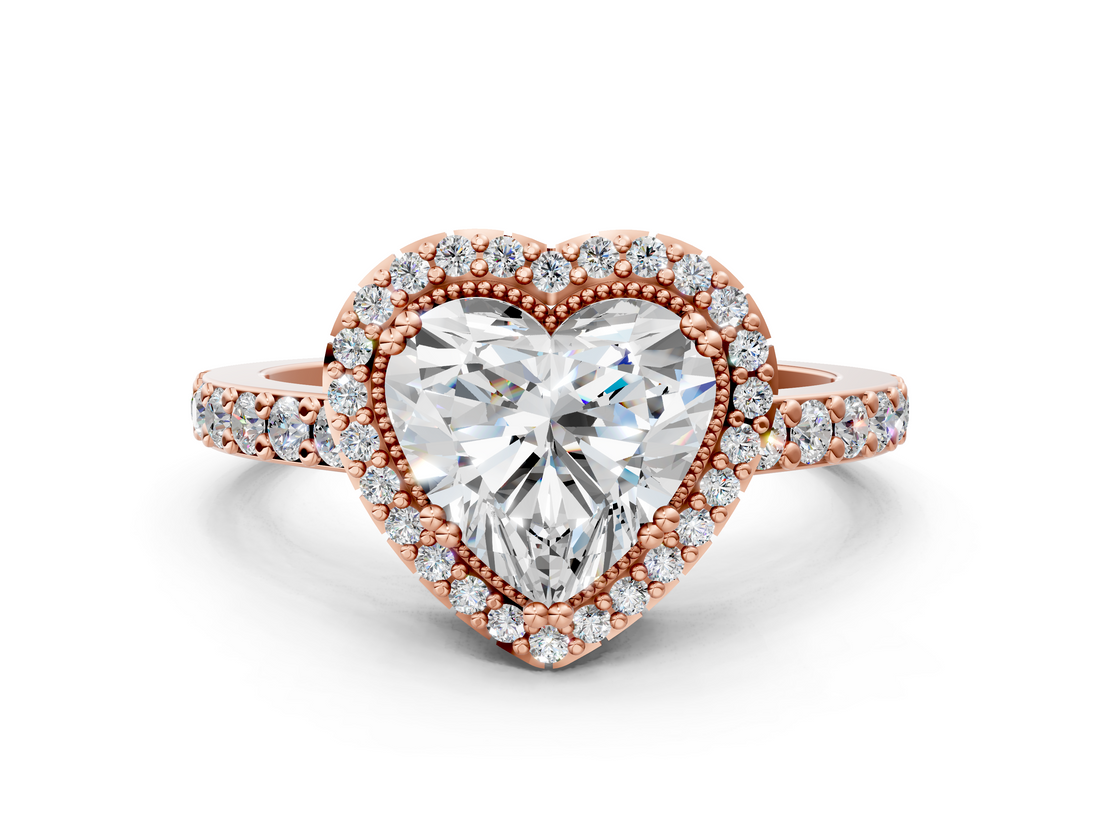 Rose gold Heart Cut Halo Diamond Ring with Pave Band and Four-Prong Setting_37
