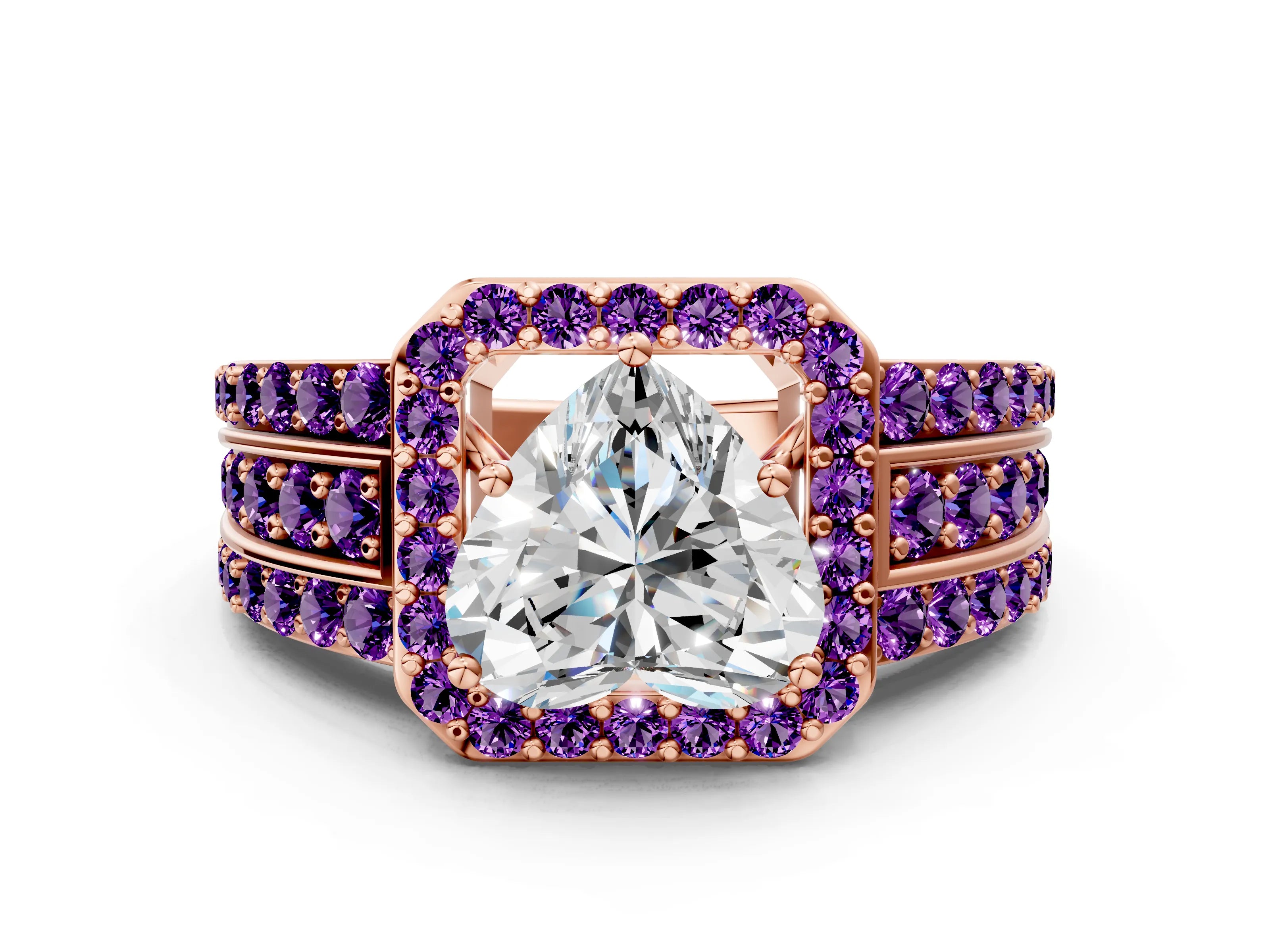 Rose gold Heart Cut Halo Diamond Ring with Round with Amethyst side stone Split Shank and Prong Setting