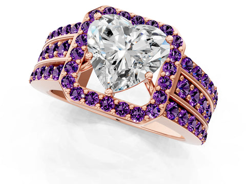 Rose gold Heart Cut Halo Diamond Ring with Round with Amethyst side stone Split Shank and Prong Setting_1