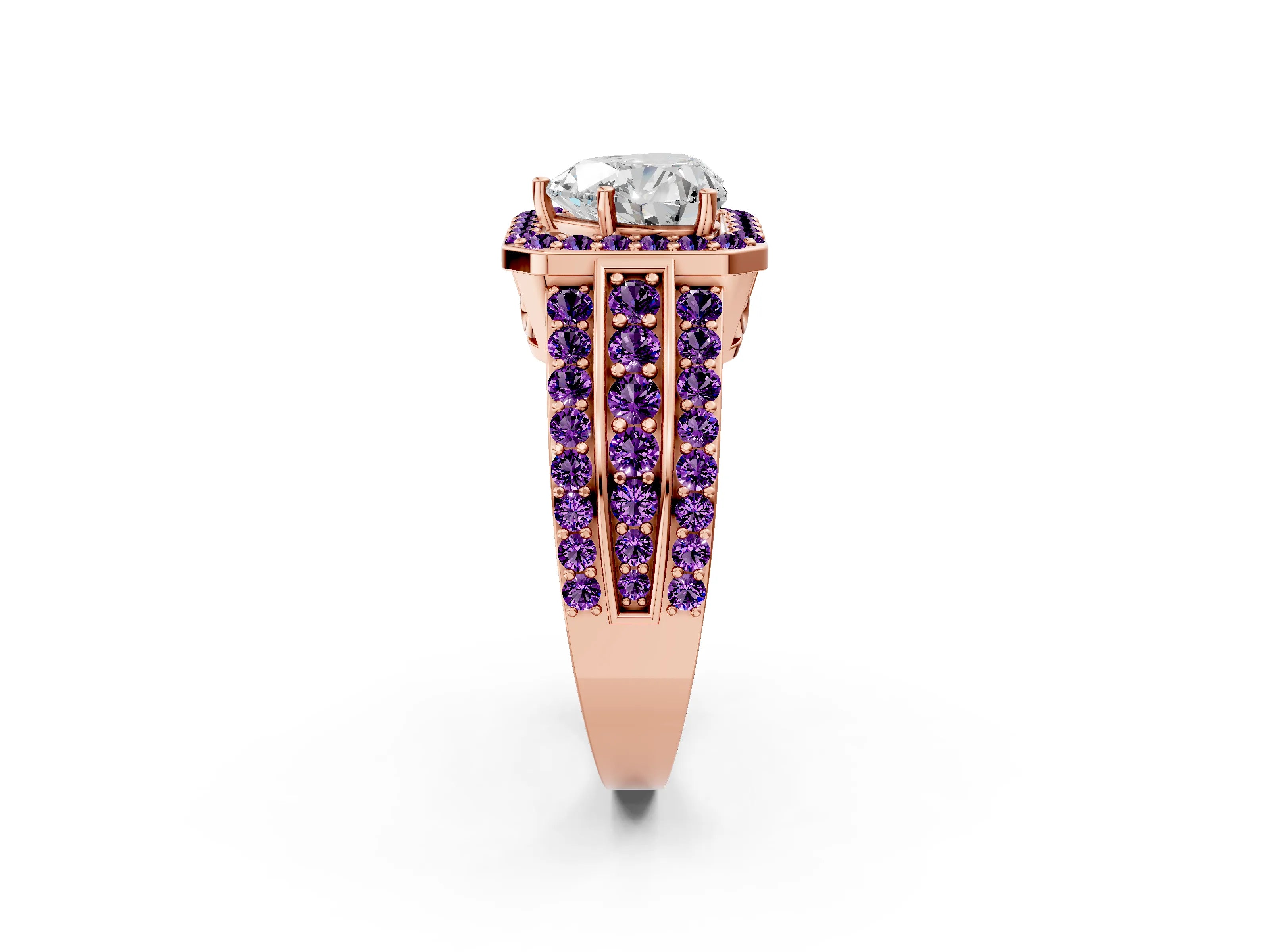 Rose gold Heart Cut Halo Diamond Ring with Round with Amethyst side stone Split Shank and Prong Setting_2