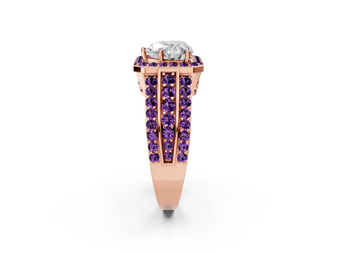 Rose gold Heart Cut Halo Diamond Ring with Round with Amethyst side stone Split Shank and Prong Setting_2