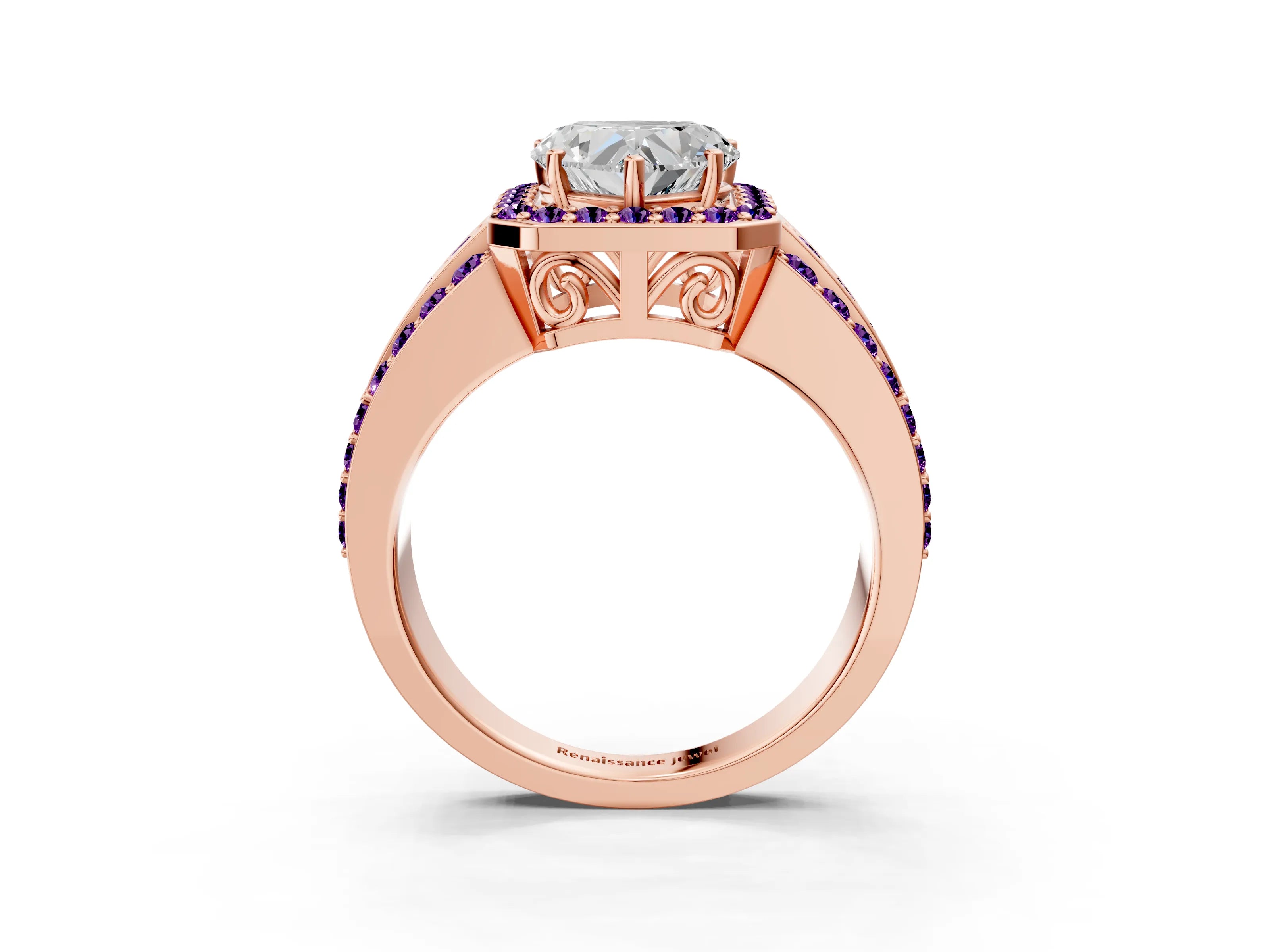 Rose gold Heart Cut Halo Diamond Ring with Round with Amethyst side stone Split Shank and Prong Setting_3