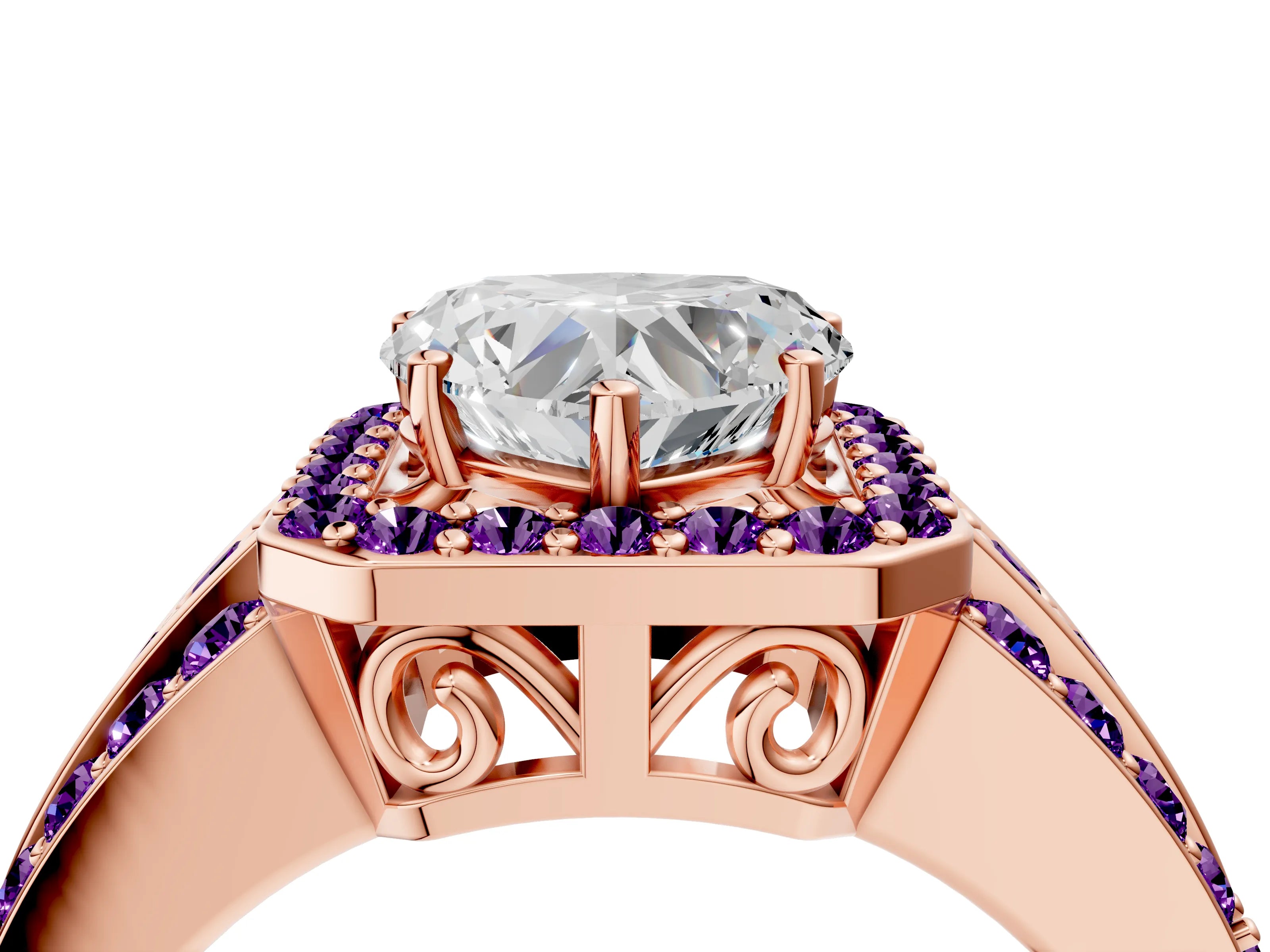 Rose gold Heart Cut Halo Diamond Ring with Round with Amethyst side stone Split Shank and Prong Setting_4