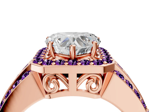 Rose gold Heart Cut Halo Diamond Ring with Round with Amethyst side stone Split Shank and Prong Setting_4