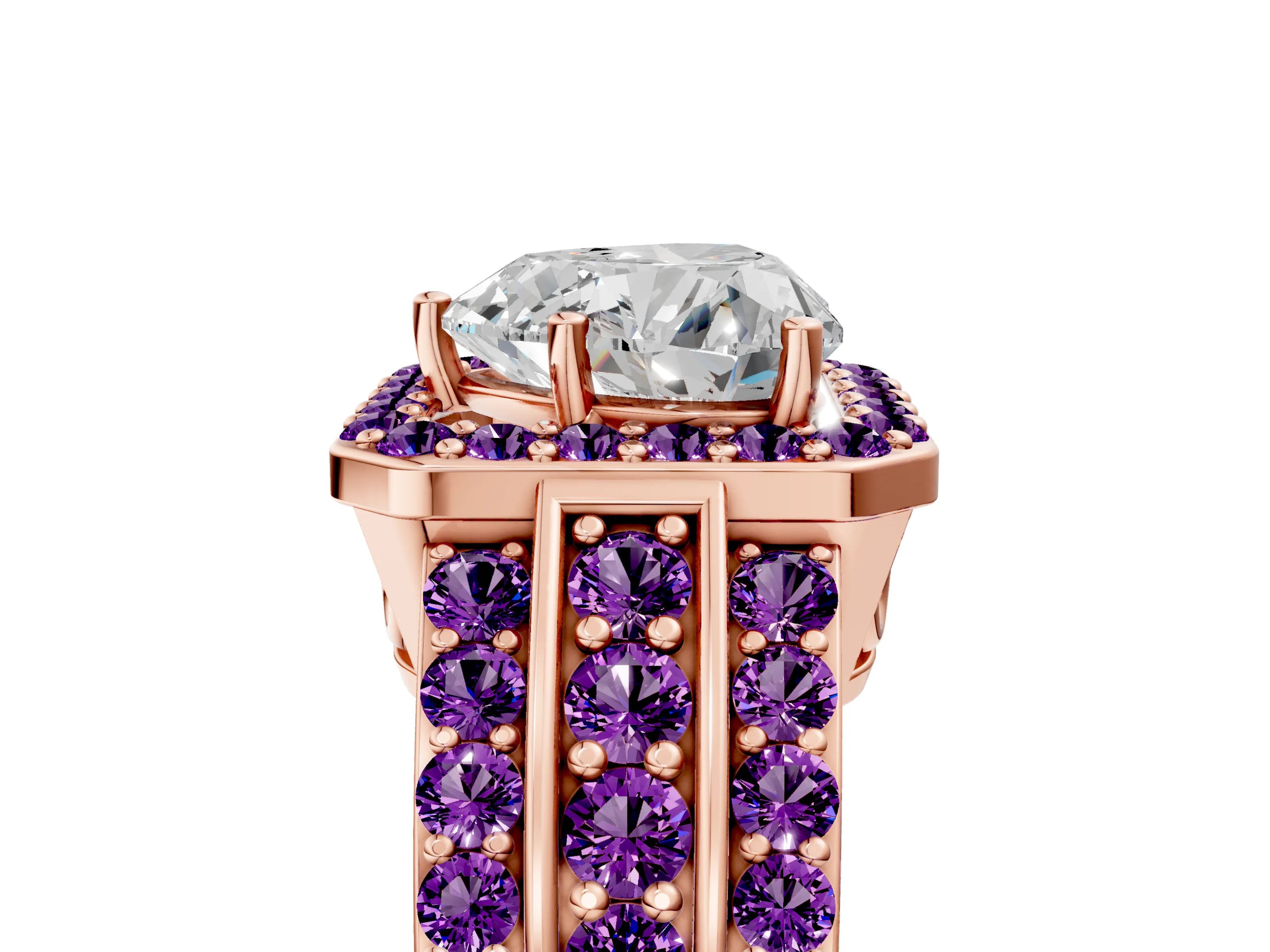 Rose gold Heart Cut Halo Diamond Ring with Round with Amethyst side stone Split Shank and Prong Setting_5