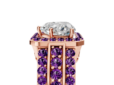 Rose gold Heart Cut Halo Diamond Ring with Round with Amethyst side stone Split Shank and Prong Setting_5