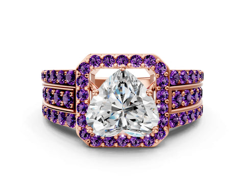 Rose gold Heart Cut Halo Diamond Ring with Round with Amethyst side stone Split Shank and Prong Setting