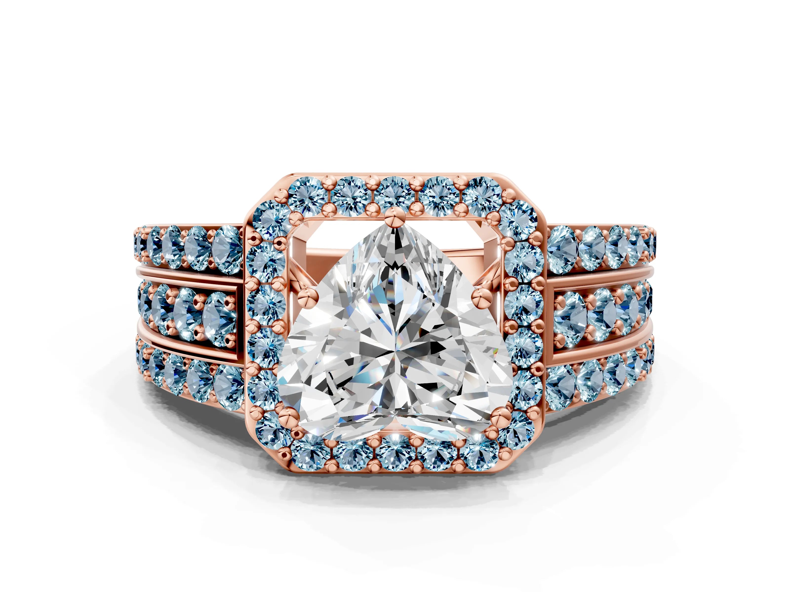 Rose gold Heart Cut Halo Diamond Ring with Round with Aquamarine side stone Split Shank and Prong Setting