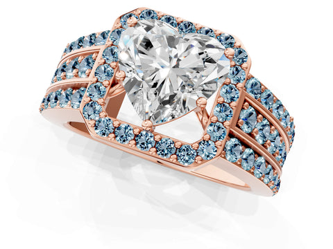 Rose gold Heart Cut Halo Diamond Ring with Round with Aquamarine side stone Split Shank and Prong Setting_1