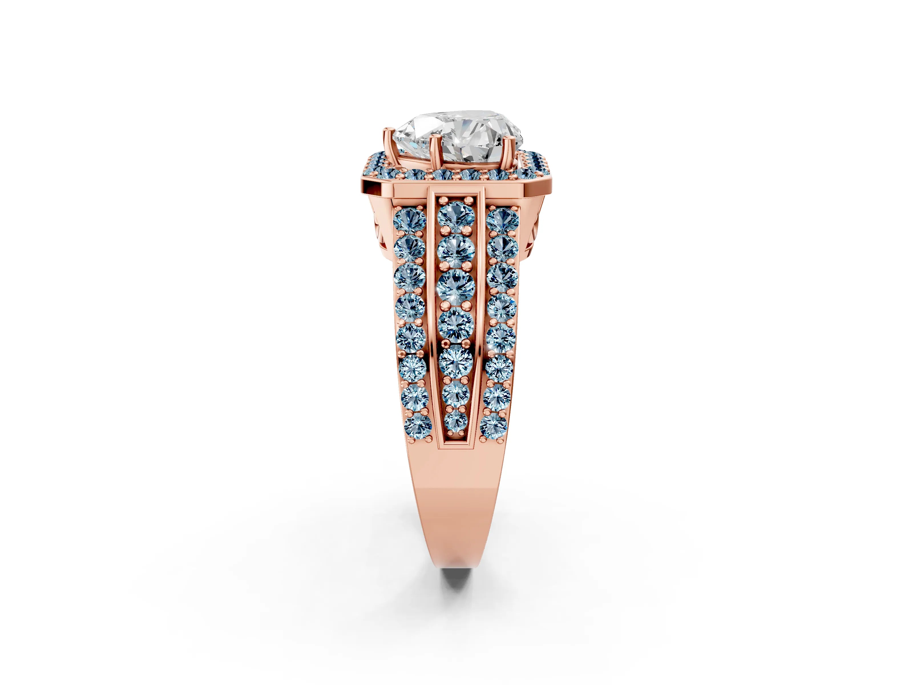 Rose gold Heart Cut Halo Diamond Ring with Round with Aquamarine side stone Split Shank and Prong Setting_2