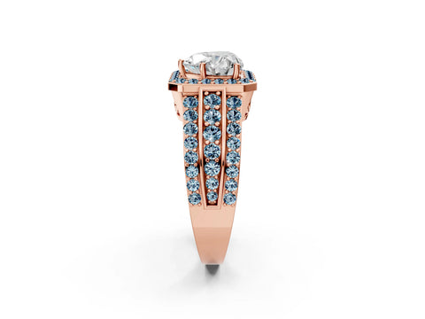Rose gold Heart Cut Halo Diamond Ring with Round with Aquamarine side stone Split Shank and Prong Setting_2