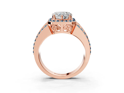 Rose gold Heart Cut Halo Diamond Ring with Round with Aquamarine side stone Split Shank and Prong Setting_3