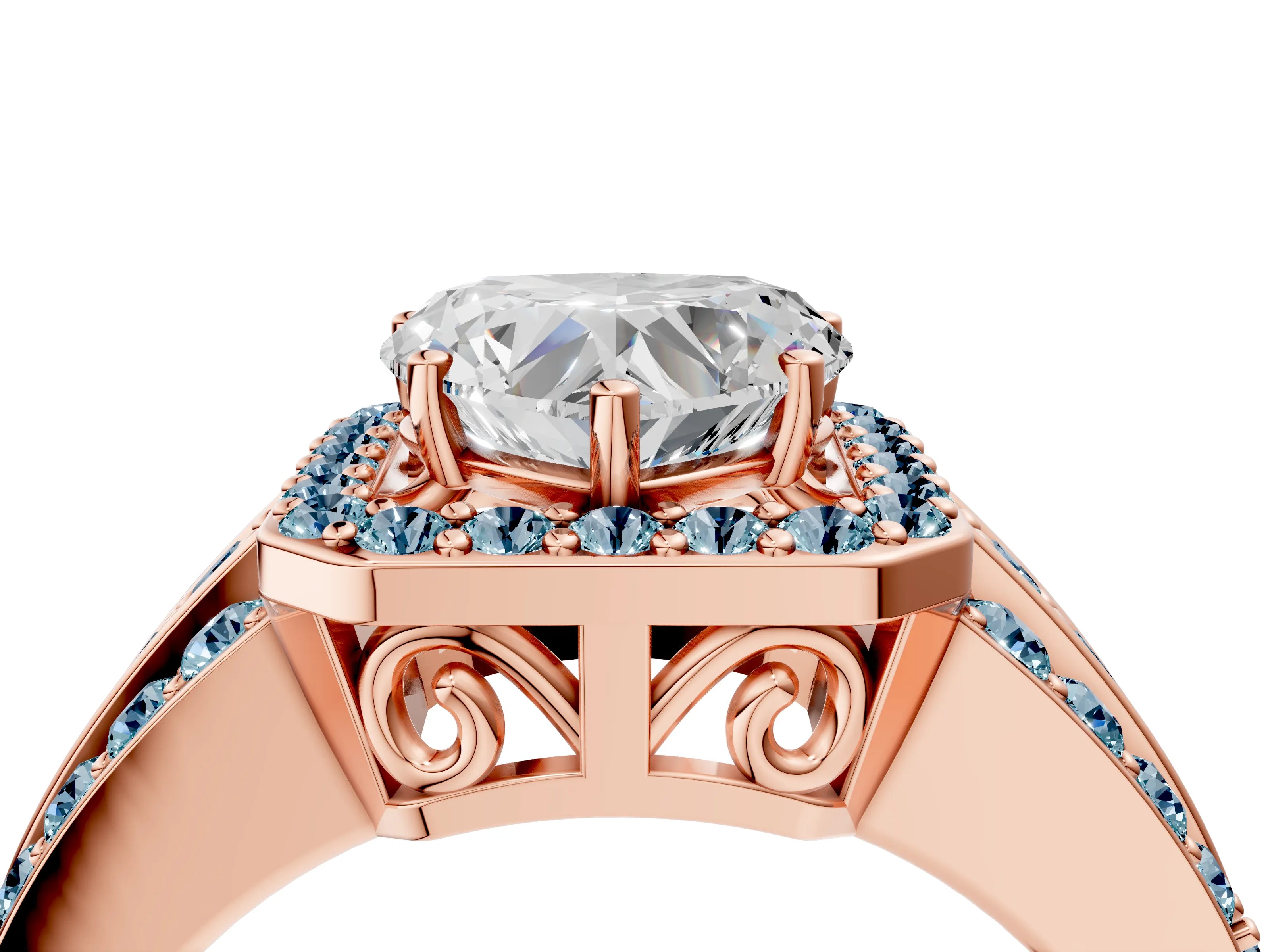 Rose gold Heart Cut Halo Diamond Ring with Round with Aquamarine side stone Split Shank and Prong Setting_4
