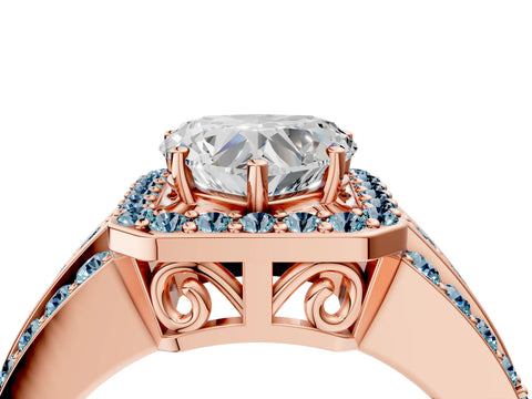 Rose gold Heart Cut Halo Diamond Ring with Round with Aquamarine side stone Split Shank and Prong Setting_4
