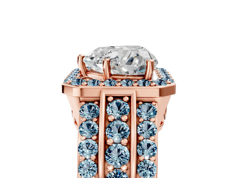 Rose gold Heart Cut Halo Diamond Ring with Round with Aquamarine side stone Split Shank and Prong Setting_5
