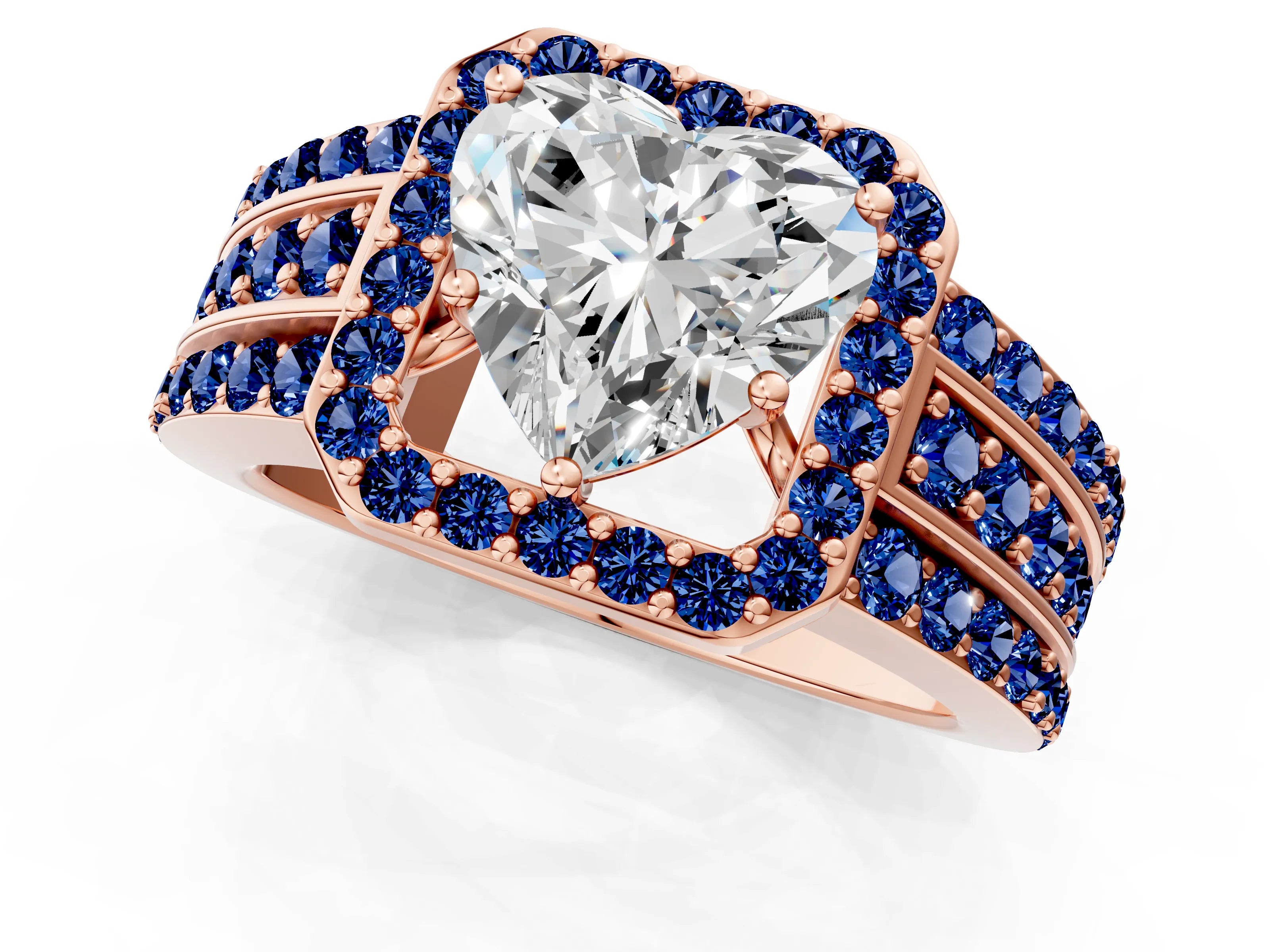 Rose gold Heart Cut Halo Diamond Ring with Round with Blue Sapphire side stone Split Shank and Prong Setting_1