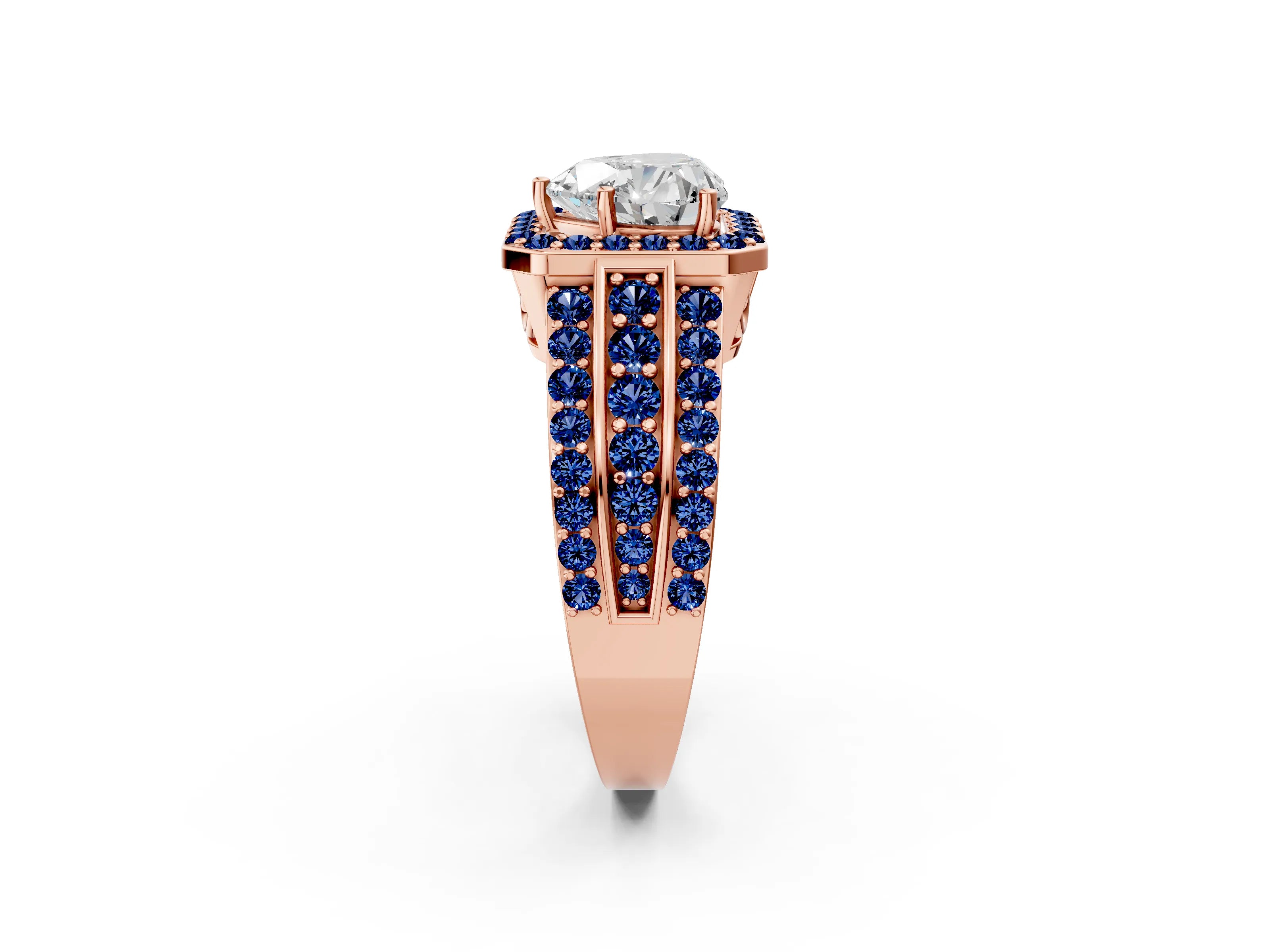 Rose gold Heart Cut Halo Diamond Ring with Round with Blue Sapphire side stone Split Shank and Prong Setting_2