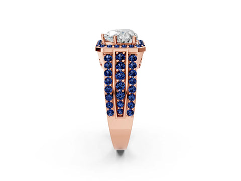 Rose gold Heart Cut Halo Diamond Ring with Round with Blue Sapphire side stone Split Shank and Prong Setting_2