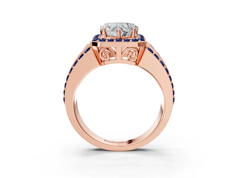 Rose gold Heart Cut Halo Diamond Ring with Round with Blue Sapphire side stone Split Shank and Prong Setting_3