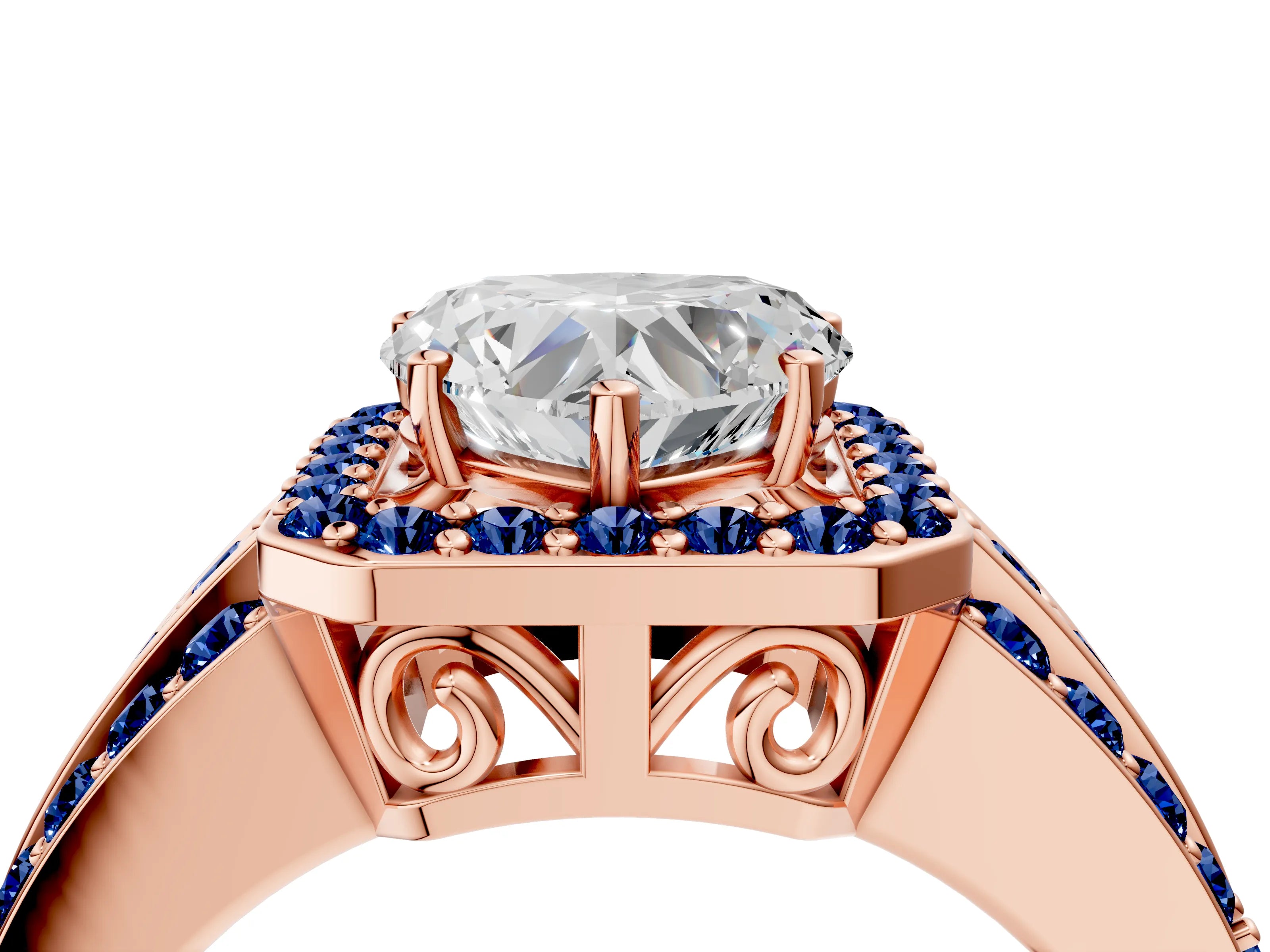 Rose gold Heart Cut Halo Diamond Ring with Round with Blue Sapphire side stone Split Shank and Prong Setting_4
