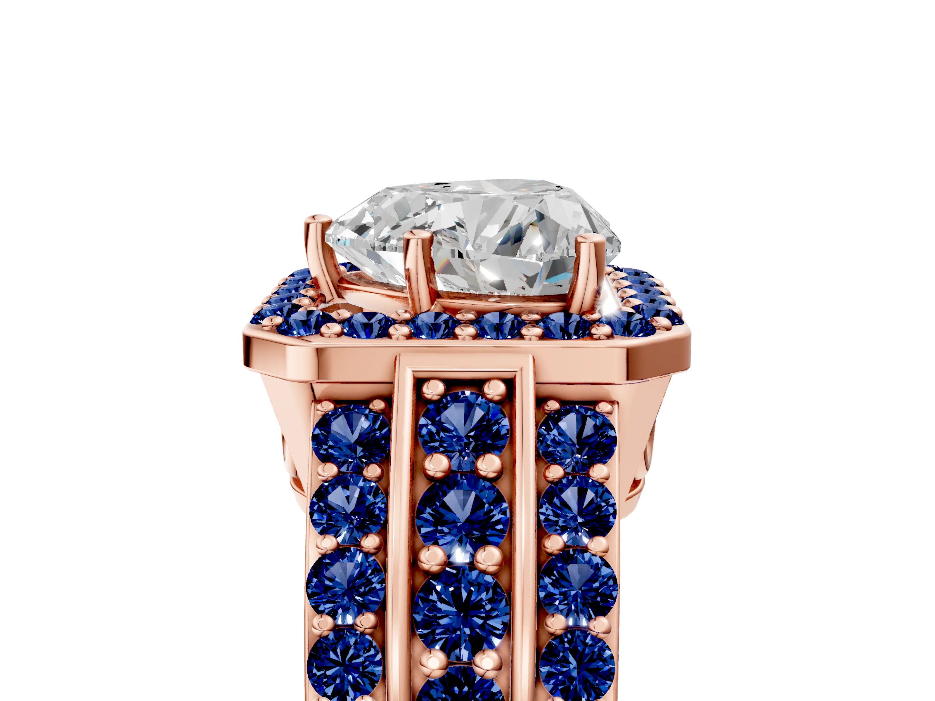 Rose gold Heart Cut Halo Diamond Ring with Round with Blue Sapphire side stone Split Shank and Prong Setting_5