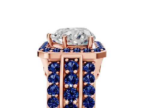 Rose gold Heart Cut Halo Diamond Ring with Round with Blue Sapphire side stone Split Shank and Prong Setting_5