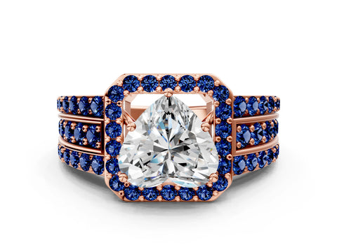 Rose gold Heart Cut Halo Diamond Ring with Round with Blue Sapphire side stone Split Shank and Prong Setting