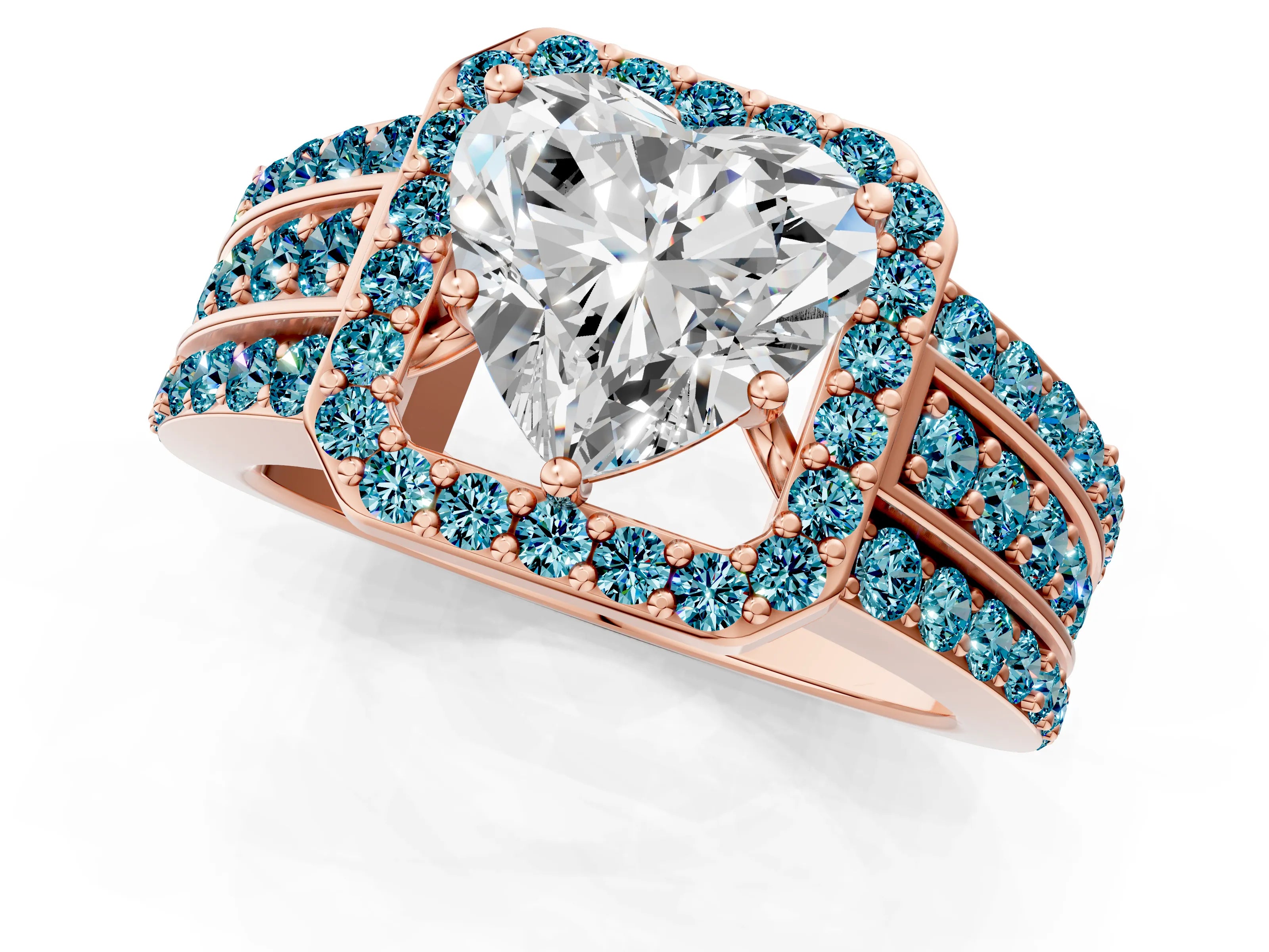Rose gold Heart Cut Halo Diamond Ring with Round with Blue Topaz side stone Split Shank and Prong Setting_1