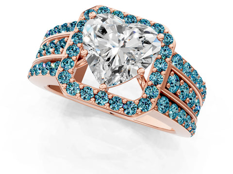 Rose gold Heart Cut Halo Diamond Ring with Round with Blue Topaz side stone Split Shank and Prong Setting_1
