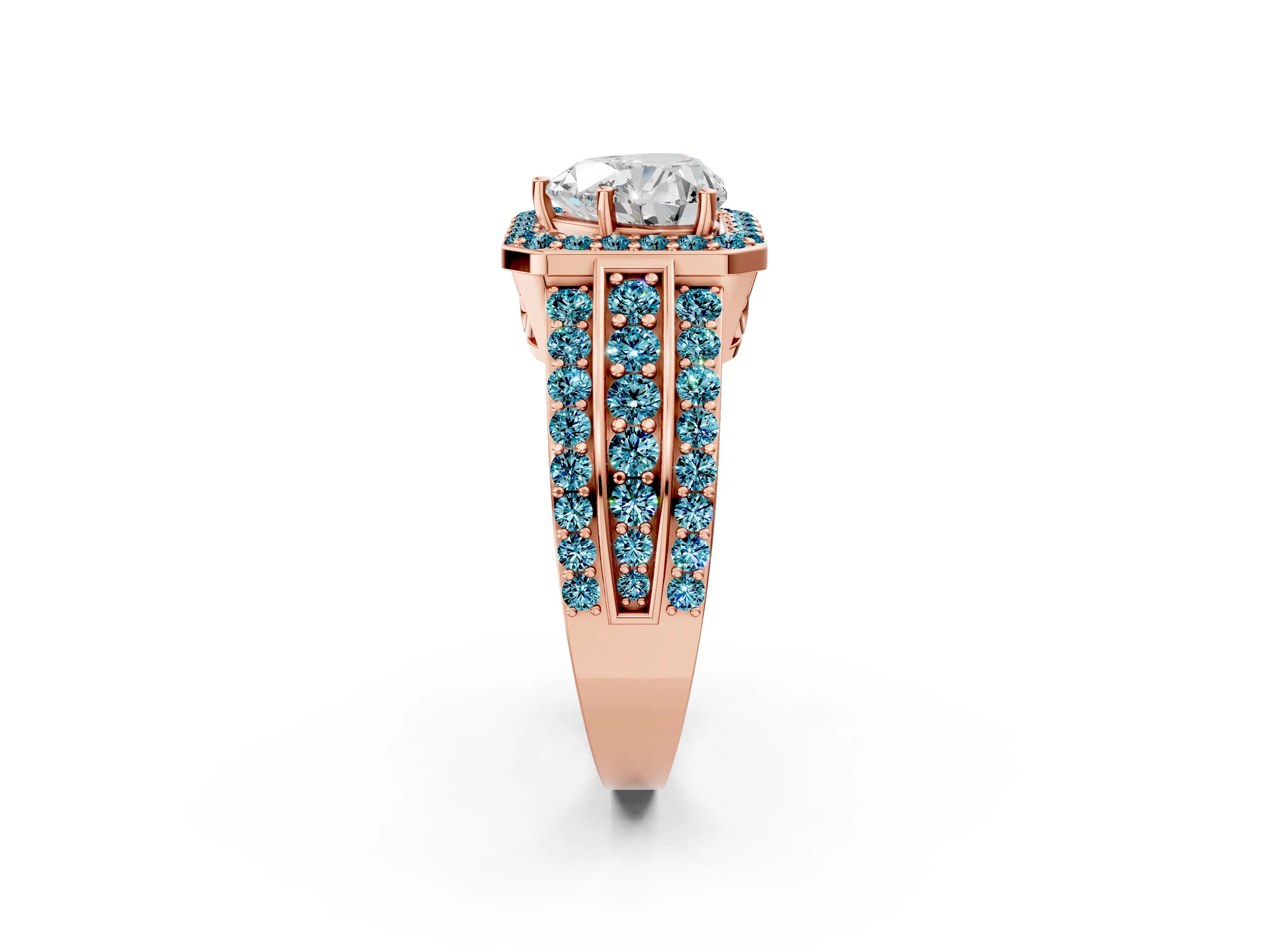 Rose gold Heart Cut Halo Diamond Ring with Round with Blue Topaz side stone Split Shank and Prong Setting_2