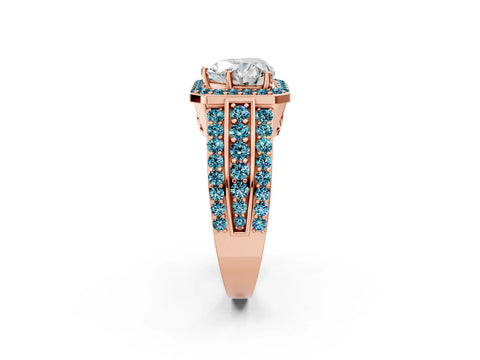Rose gold Heart Cut Halo Diamond Ring with Round with Blue Topaz side stone Split Shank and Prong Setting_2