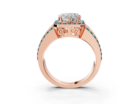 Rose gold Heart Cut Halo Diamond Ring with Round with Blue Topaz side stone Split Shank and Prong Setting_3