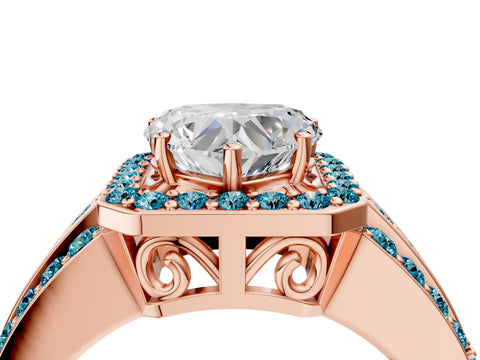 Rose gold Heart Cut Halo Diamond Ring with Round with Blue Topaz side stone Split Shank and Prong Setting_4