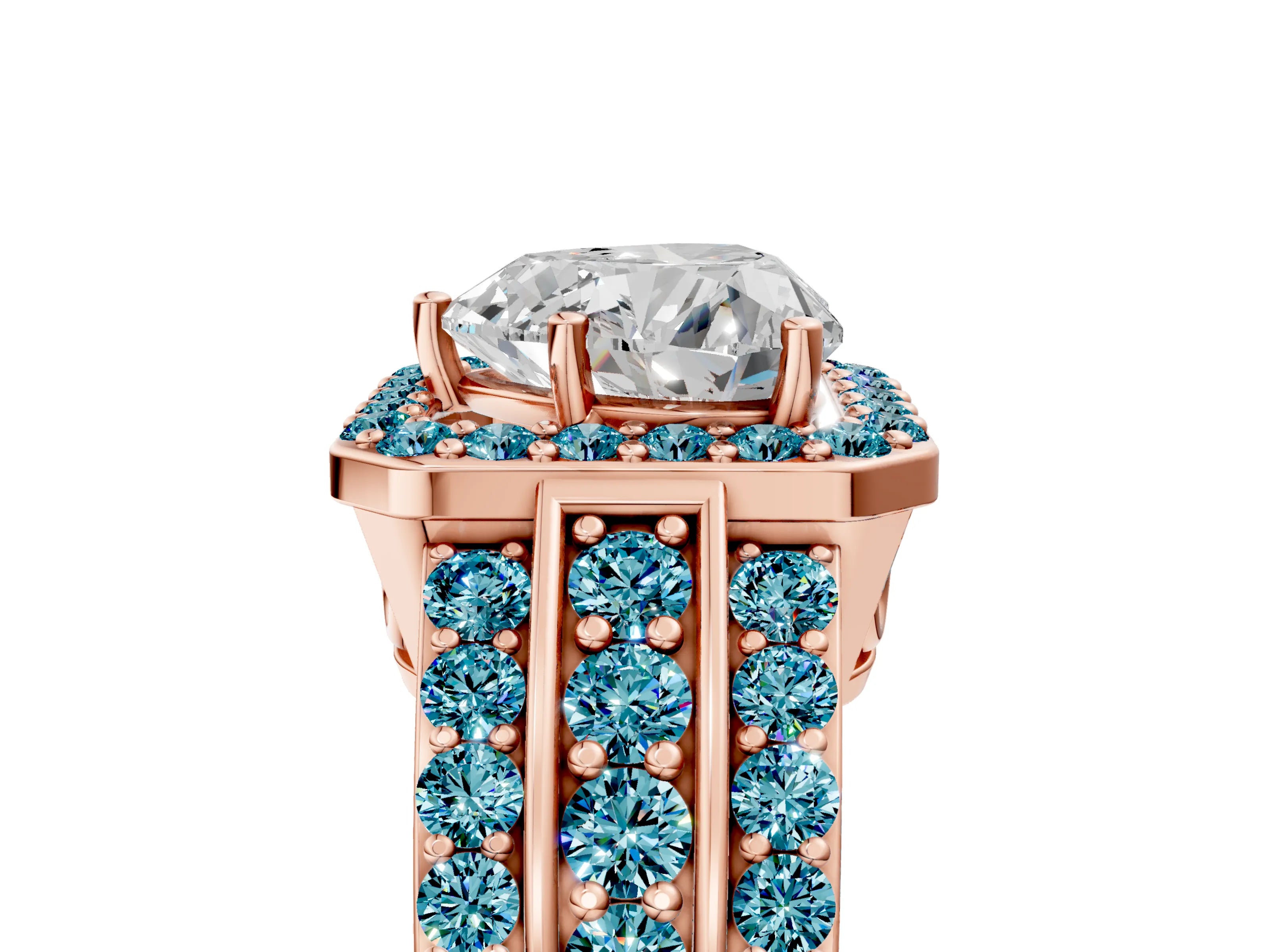 Rose gold Heart Cut Halo Diamond Ring with Round with Blue Topaz side stone Split Shank and Prong Setting_5