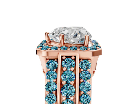 Rose gold Heart Cut Halo Diamond Ring with Round with Blue Topaz side stone Split Shank and Prong Setting_5