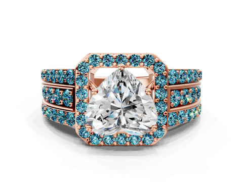 Rose gold Heart Cut Halo Diamond Ring with Round with Blue Topaz side stone Split Shank and Prong Setting