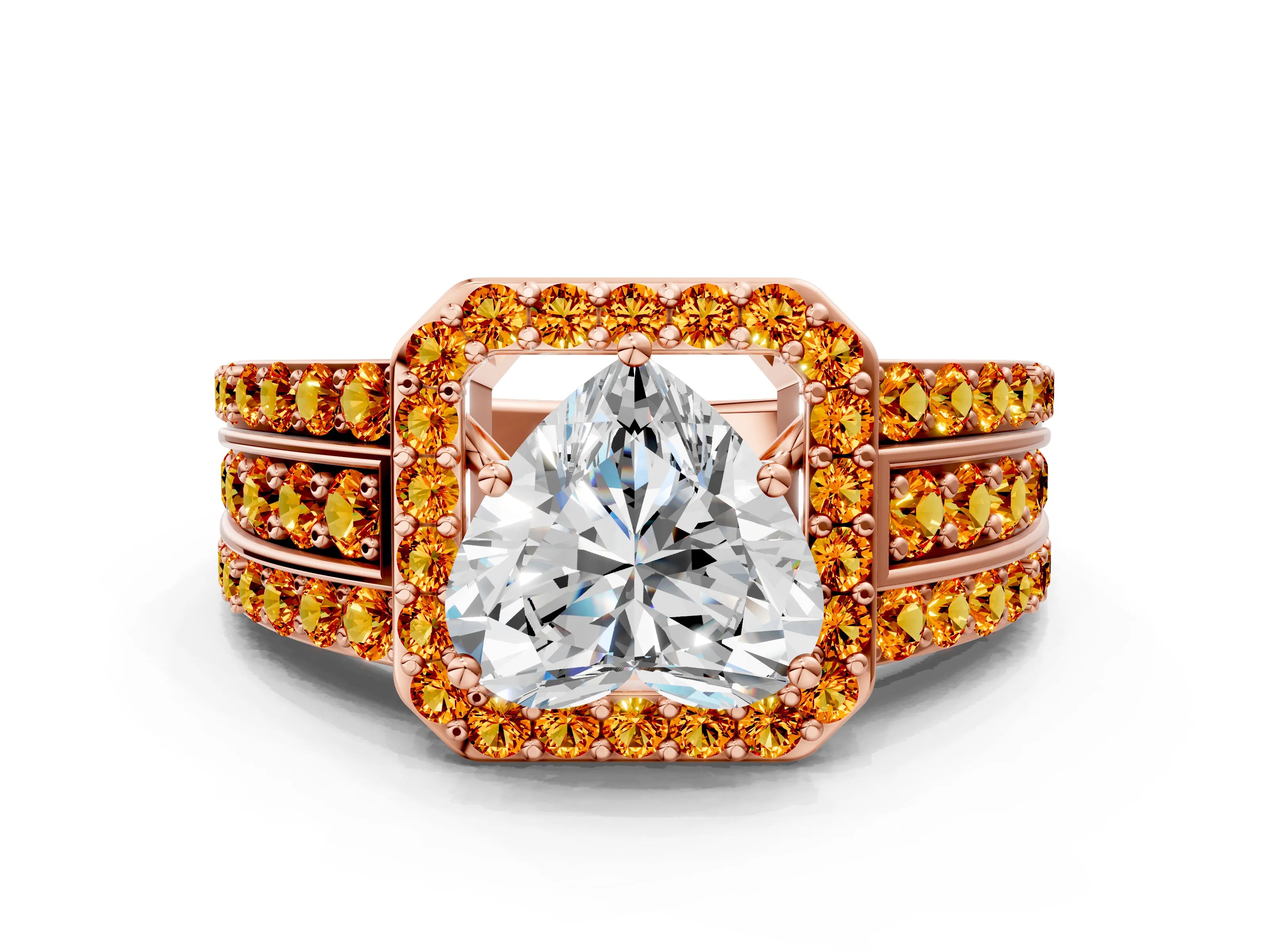 Rose gold Heart Cut Halo Diamond Ring with Round with Citrine side stone Split Shank and Prong Setting