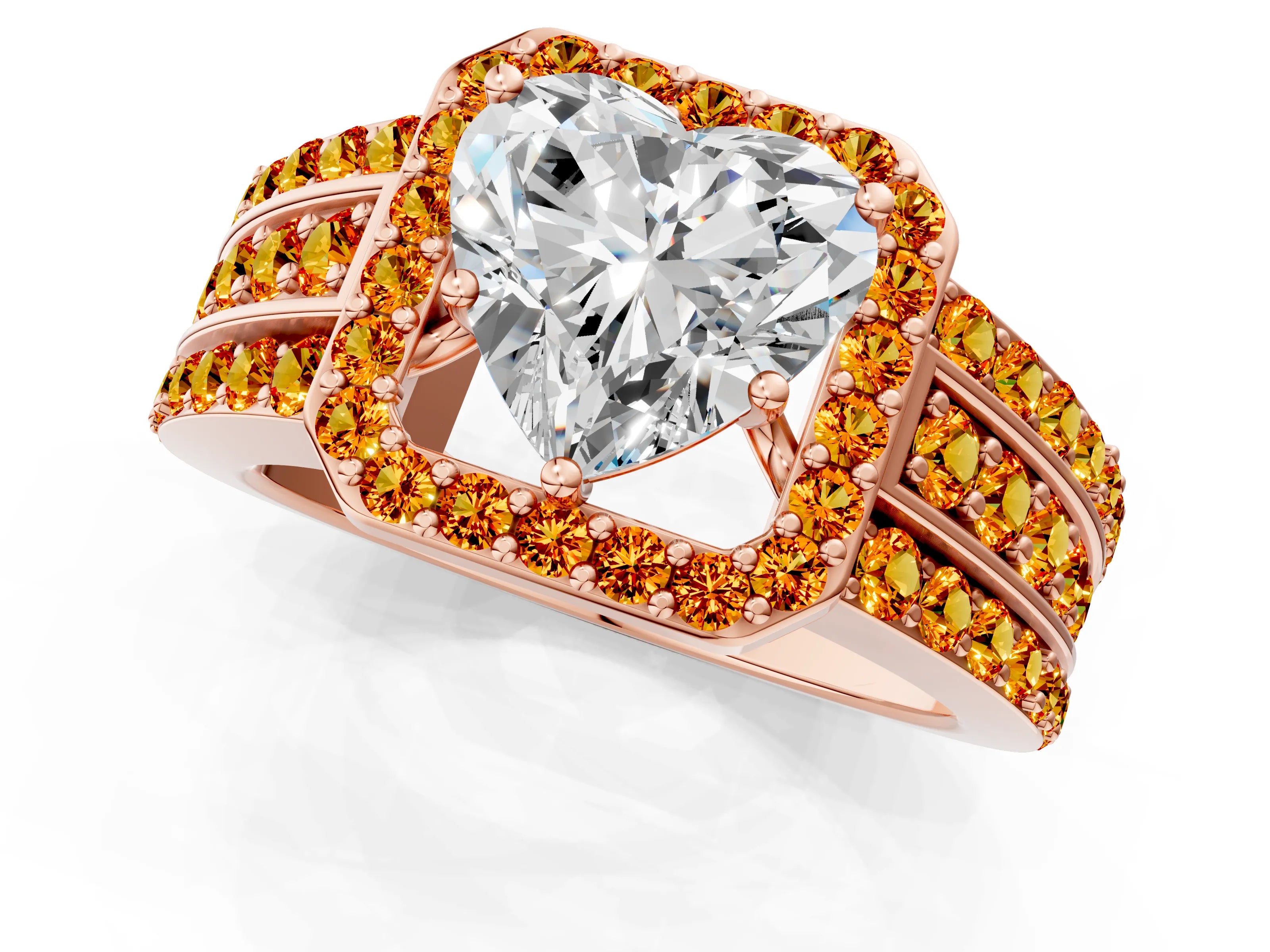 Rose gold Heart Cut Halo Diamond Ring with Round with Citrine side stone Split Shank and Prong Setting_1