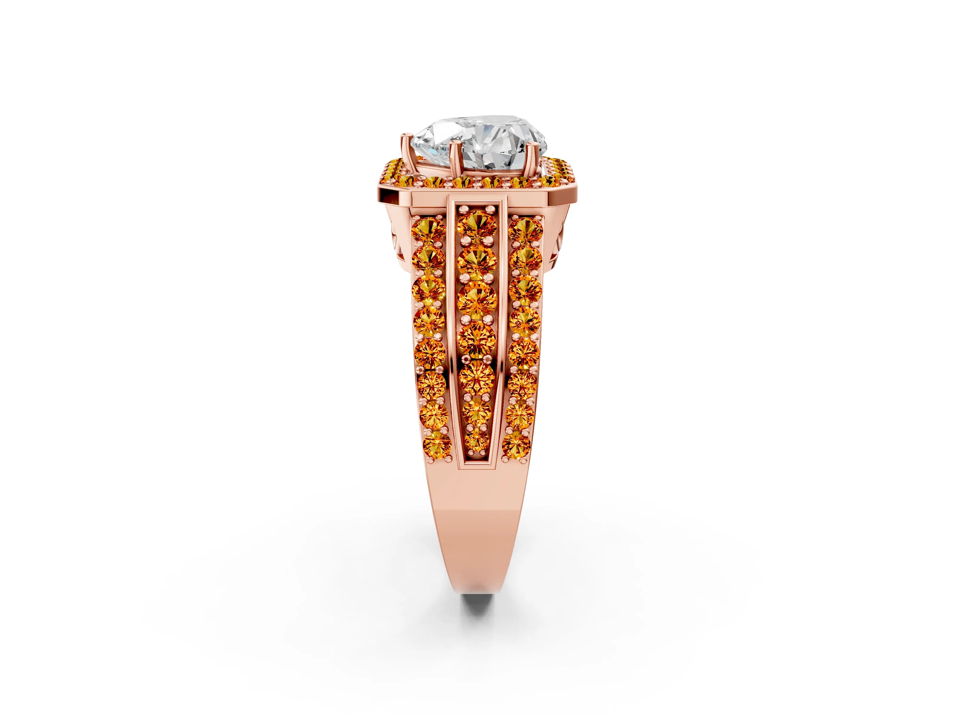 Rose gold Heart Cut Halo Diamond Ring with Round with Citrine side stone Split Shank and Prong Setting_2