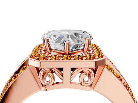 Rose gold Heart Cut Halo Diamond Ring with Round with Citrine side stone Split Shank and Prong Setting_4