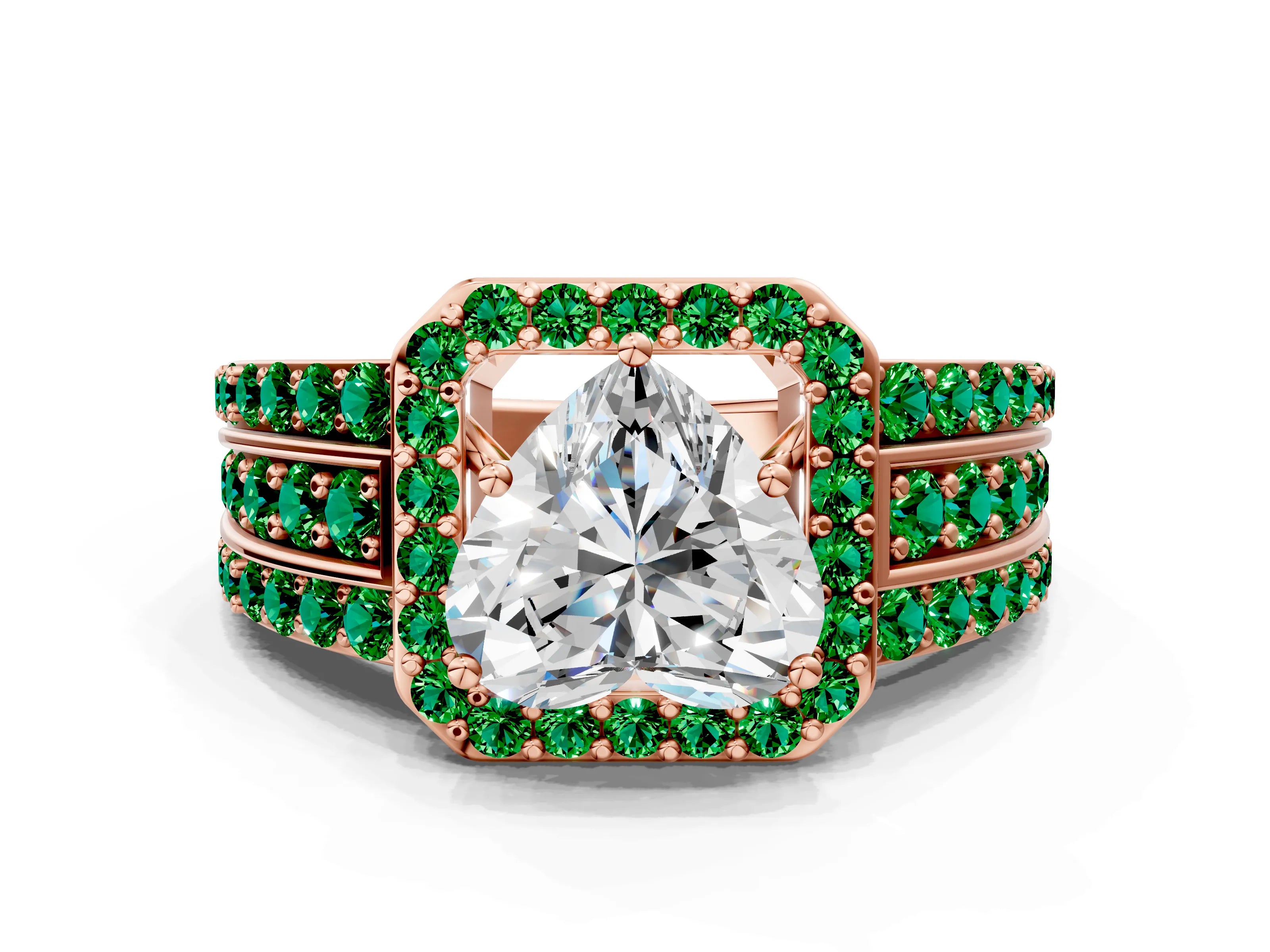 Rose gold Heart Cut Halo Diamond Ring with Round with Emerald side stone Split Shank and Prong Setting