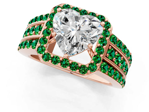 Rose gold Heart Cut Halo Diamond Ring with Round with Emerald side stone Split Shank and Prong Setting_1