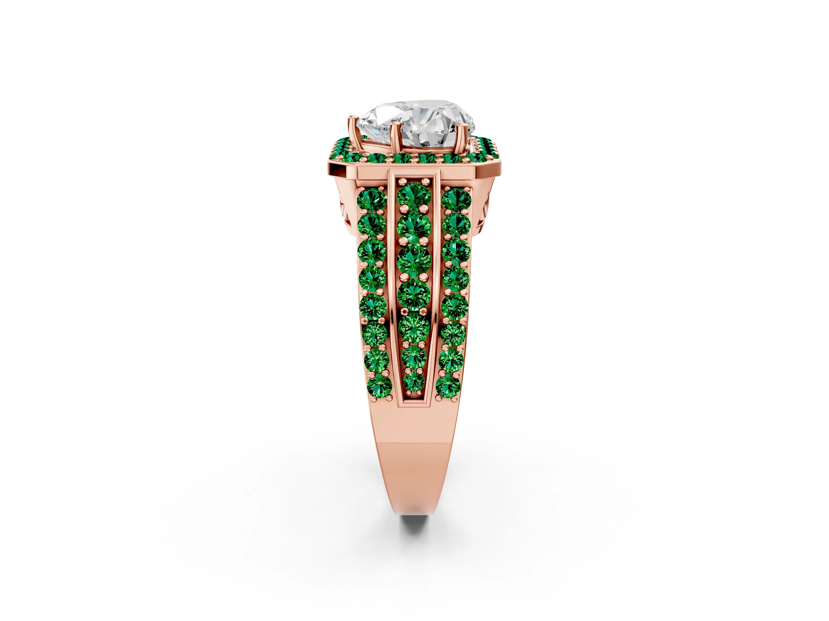 Rose gold Heart Cut Halo Diamond Ring with Round with Emerald side stone Split Shank and Prong Setting_2