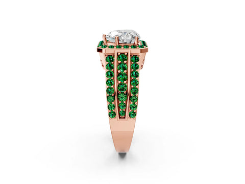 Rose gold Heart Cut Halo Diamond Ring with Round with Emerald side stone Split Shank and Prong Setting_2