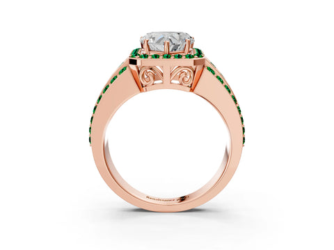 Rose gold Heart Cut Halo Diamond Ring with Round with Emerald side stone Split Shank and Prong Setting_3
