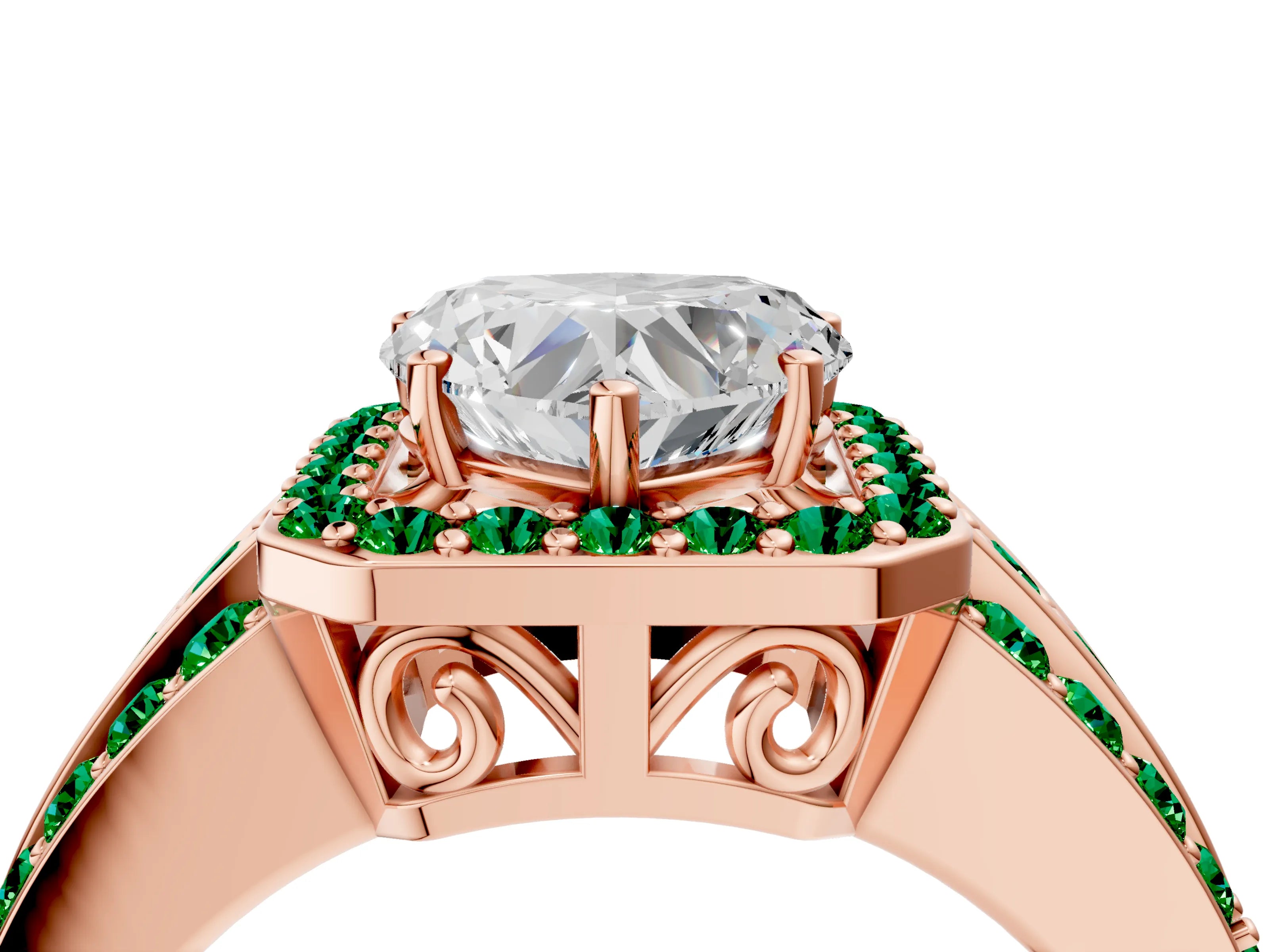 Rose gold Heart Cut Halo Diamond Ring with Round with Emerald side stone Split Shank and Prong Setting_4