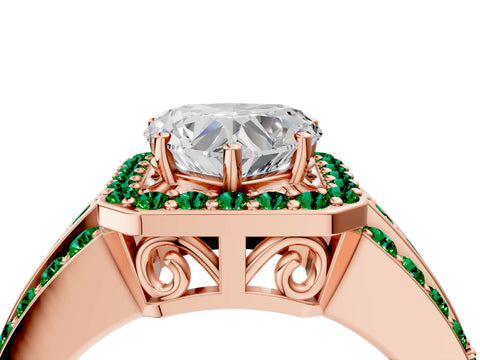 Rose gold Heart Cut Halo Diamond Ring with Round with Emerald side stone Split Shank and Prong Setting_4